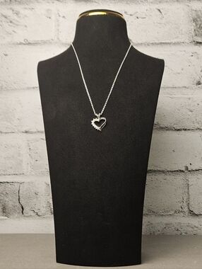 Silver Tone Open Heart Pendant Necklace Rhinestone Dainty Romantic Jewelry